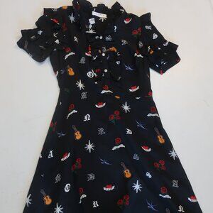 Womens Sandro Paris 100% Silk Black- Multi Print Short Sleeve Dress 3/L
